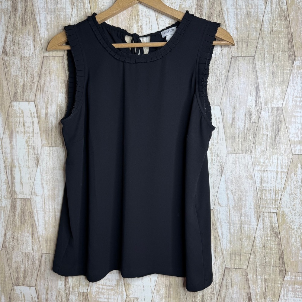 J.Crew Black Pleated Ruffle Trim Sleeveless Shell Top‎ Size 6 Tie Back Blouse S